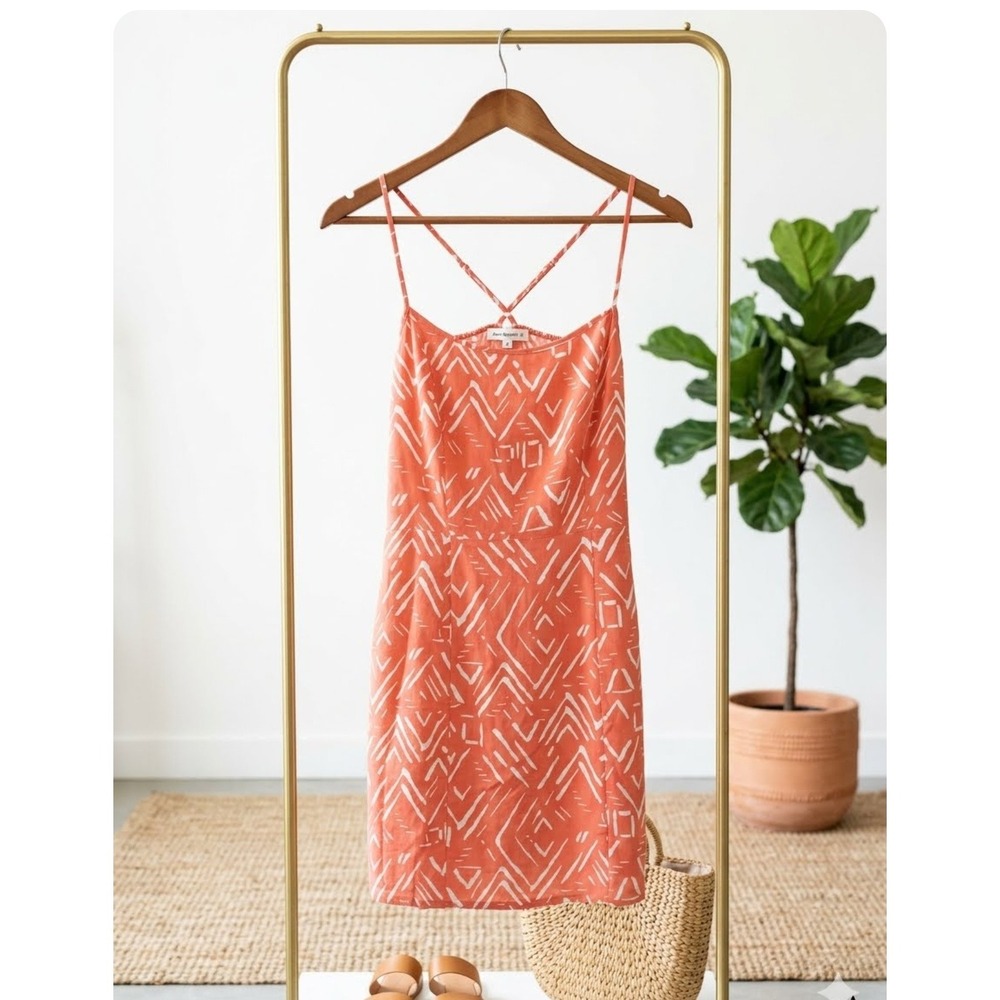 Boho Rust Cream Geometric Tribal Print Open Back Mini Dress Medium NWT